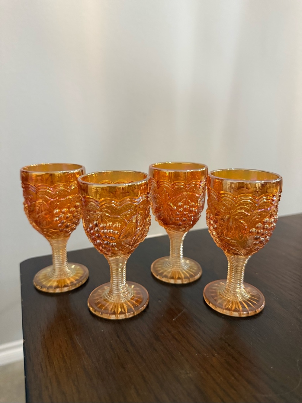Vintage Imperial Marigold Carnival Glass 4" Grape Pattern Goblet Glass Set Of 4